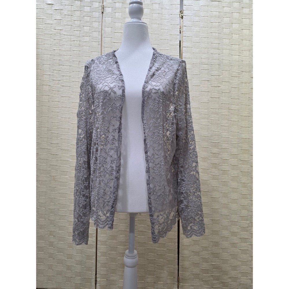 Grey Floral Lace Open Front Cardigan Shrug Scalloped Hem Long Sleeve Sheer Top